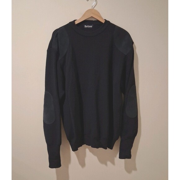 Barbour Sporting Sweater XL Pure New Wool Suede Shoulder Elbow Patch Scotland - Picture 1 of 10